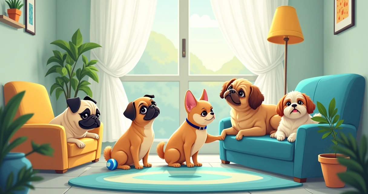 Vários cães pequenos, incluindo Pug e Chihuahua, brincando em um apartamento colorido e acolhedor.