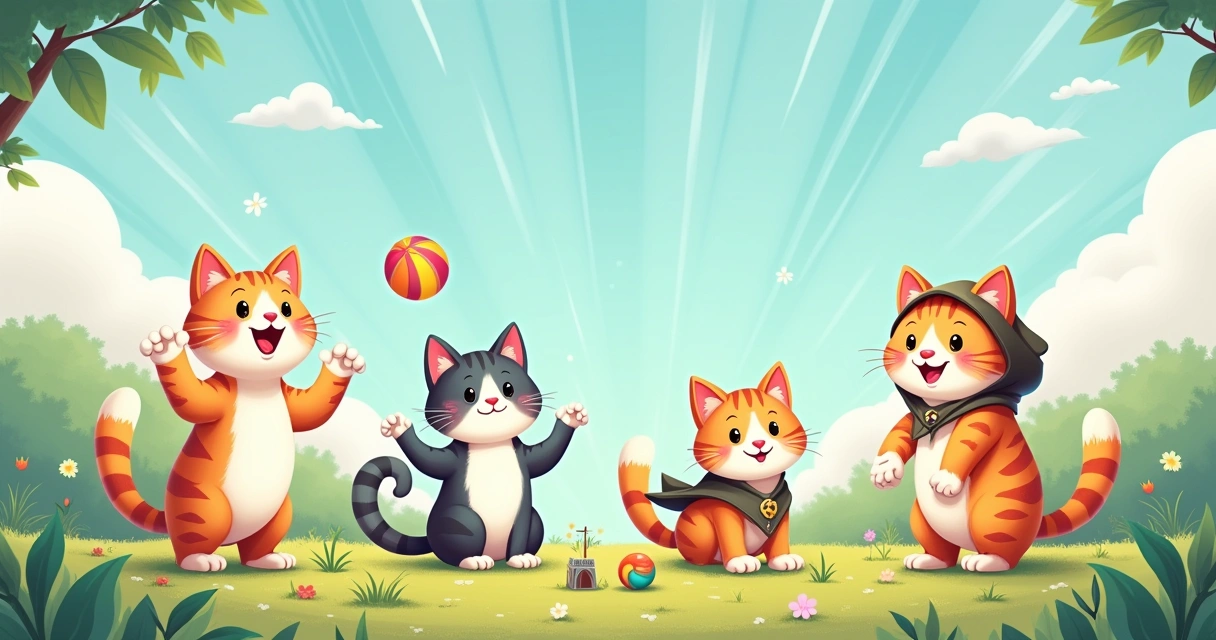 Gatos de diferentes personalidades: brincalhão, calmo e aventureiro em um cenário alegre e colorido.