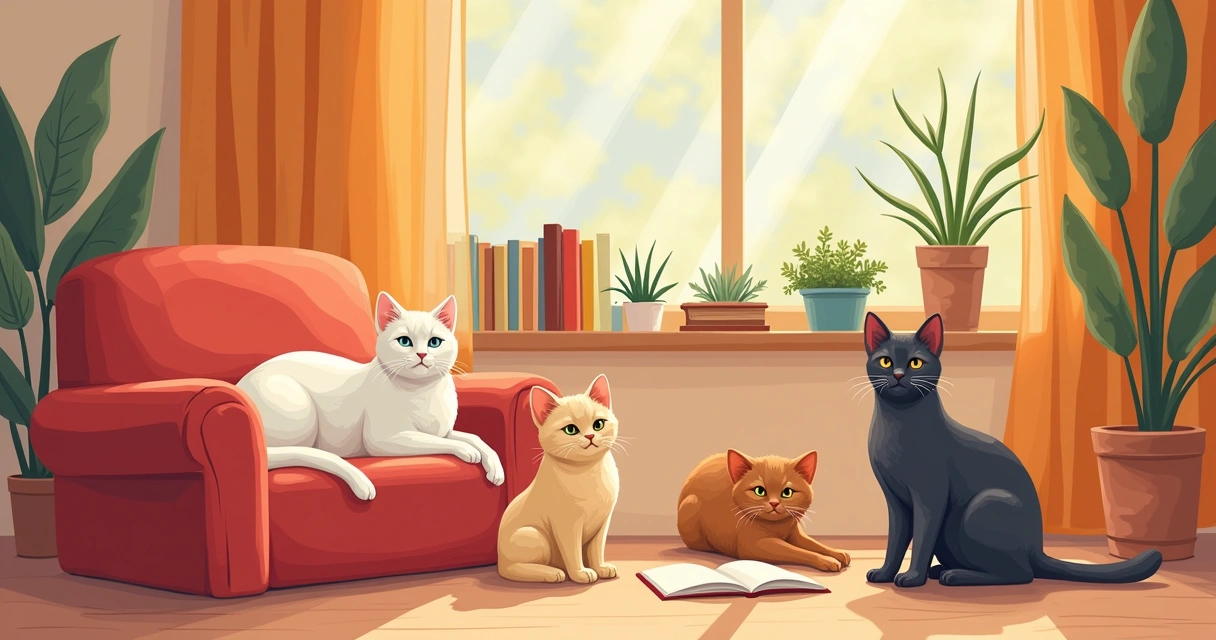 Três gatos em uma sala de estar: um Persa, um Siamês brincando e um Maine Coon observando. Atmosfera aconchegante.