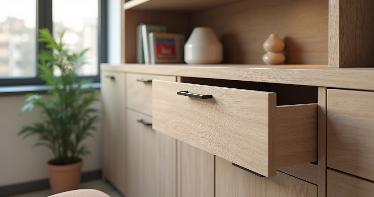 Gaveteiro embutido sob bancada de home office com acabamento amadeirado e puxadores discretos.