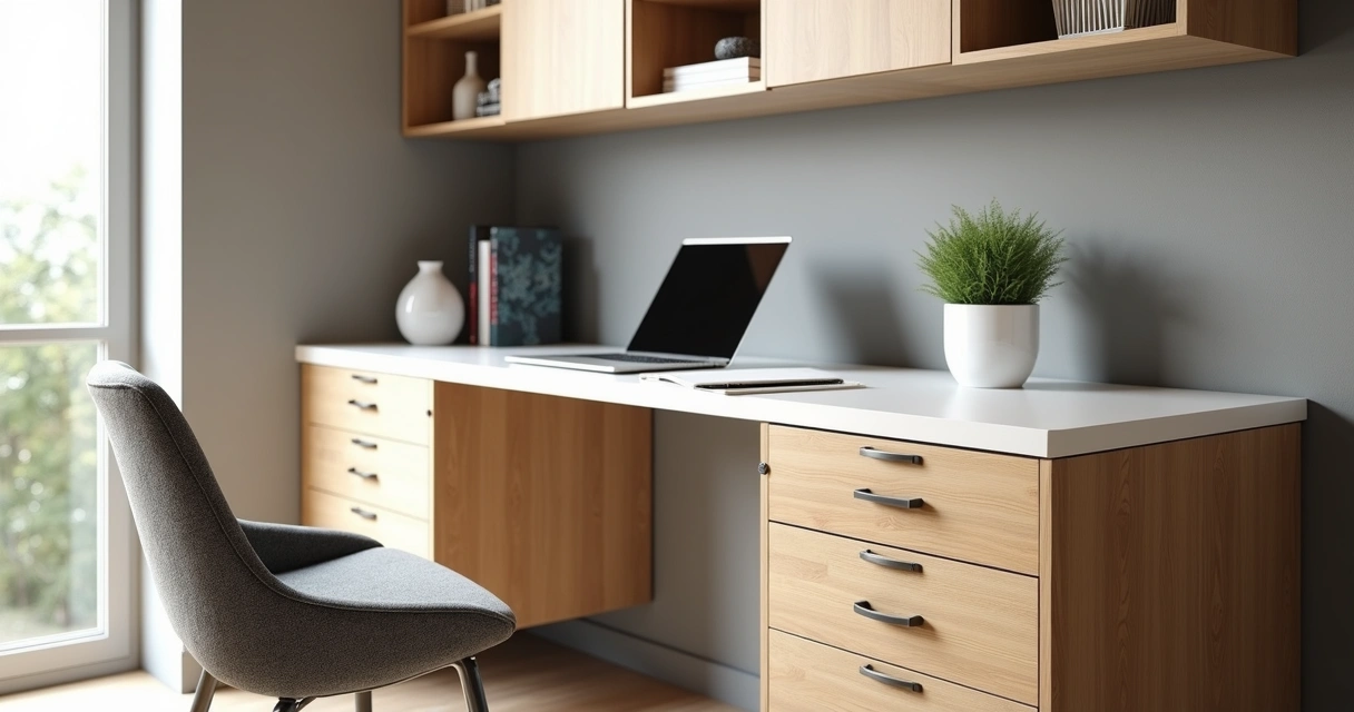 Gaveteiro planejado de madeira em escritório moderno organizado 