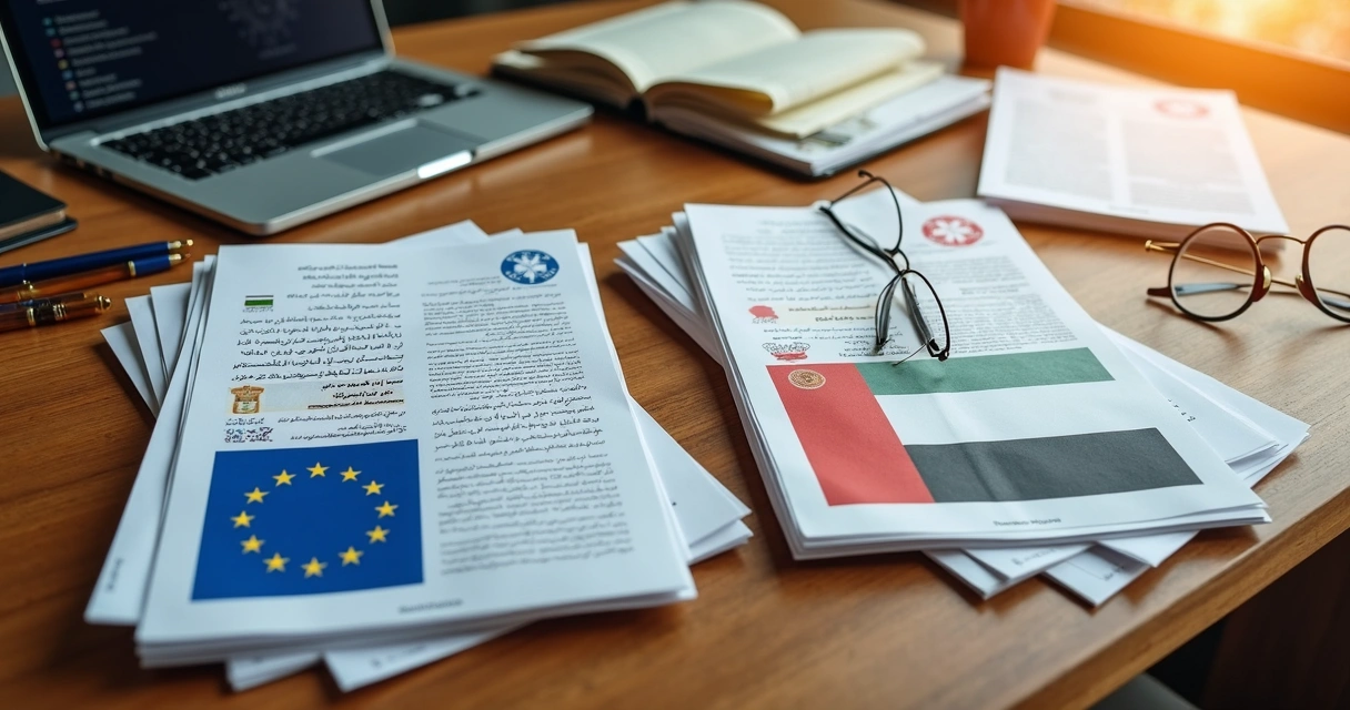 Comparison of GCC and EU labor law documents and flags on a desk