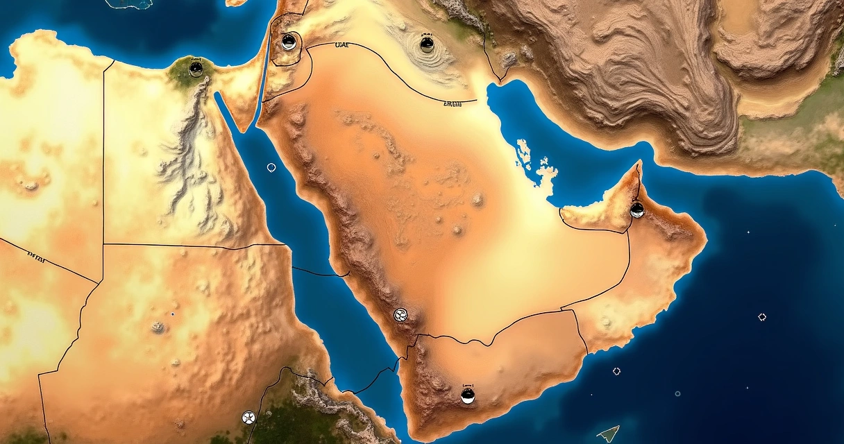 Map showing Saudi Arabia and neighbor countries with mining icons 
