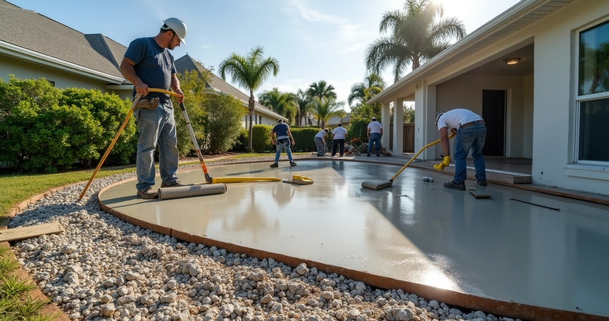 Contractors installing concrete patio with drainage channels