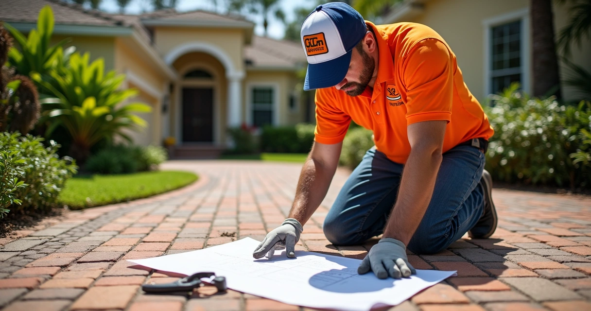 Paver repair specialist in Orlando assessing storm damage on brick patio