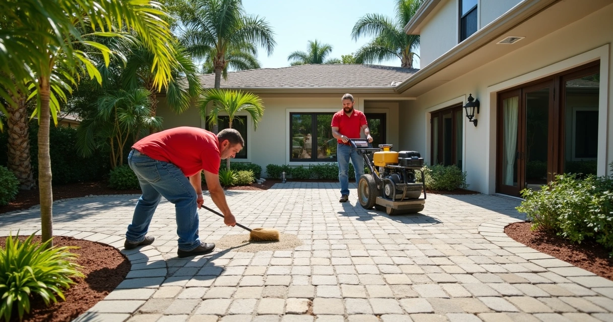Team installing paver patio with polymeric sand in Florida