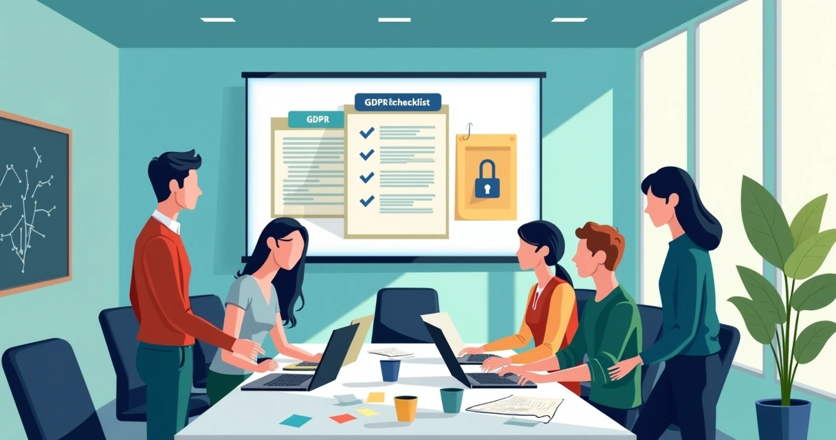 Team discussing GDPR compliance with digital documents on a big screen