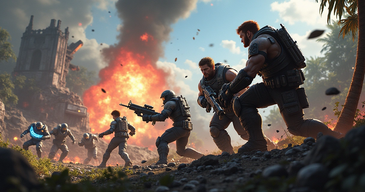 Equipe de Gears 5: Hivebusters em combate, com explosões e um ambiente de guerra vibrante.