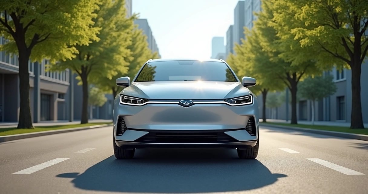 Geely EX2 hatch elétrico prata em estrada urbana com fundo de árvores e céu claro 