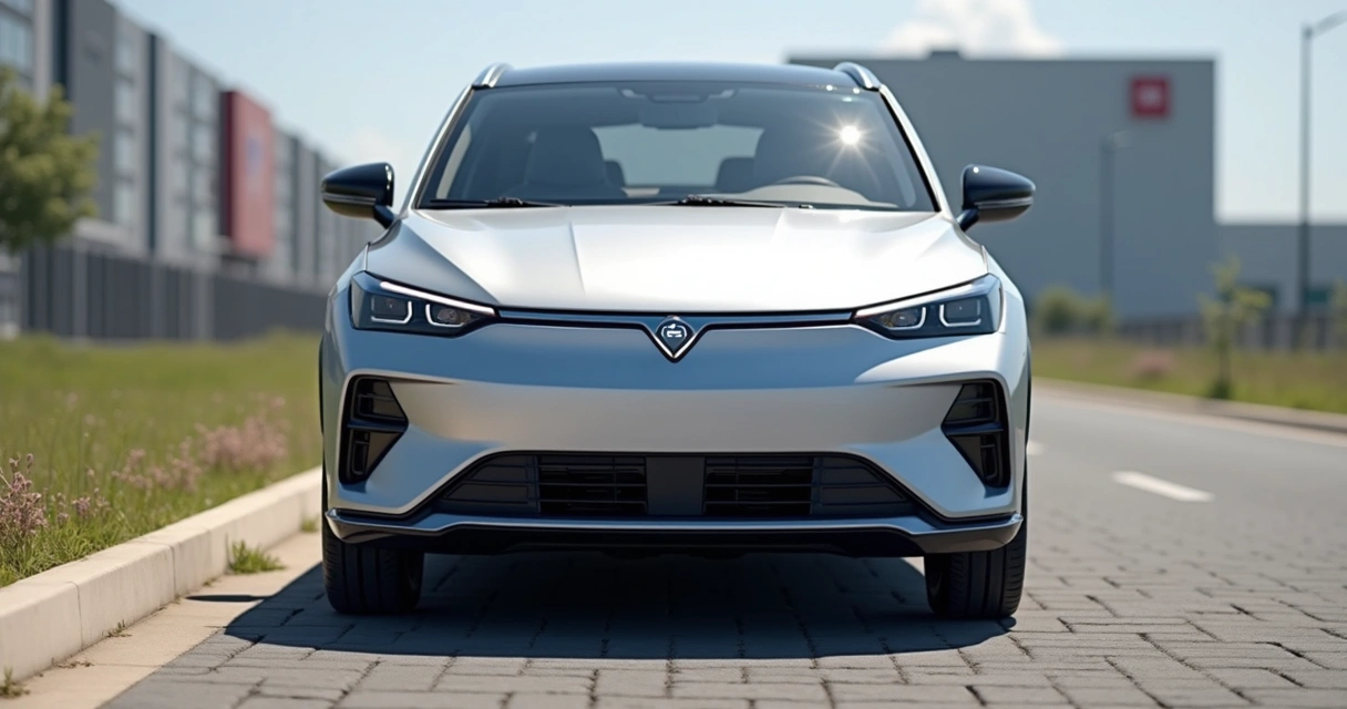 Geely EX2 hatch elétrico prata visto de lado próximo à fábrica brasileira