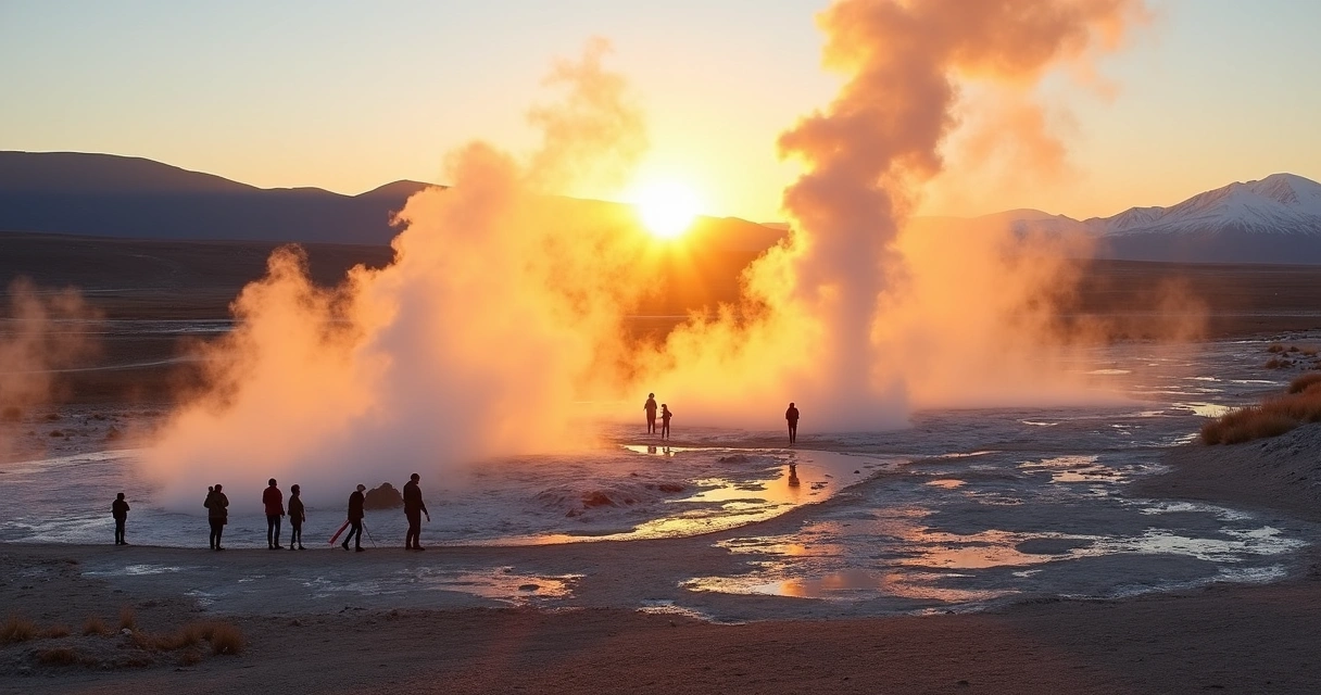 Campo de gêiseres El Tatio com colunas de vapor ao amanhecer 