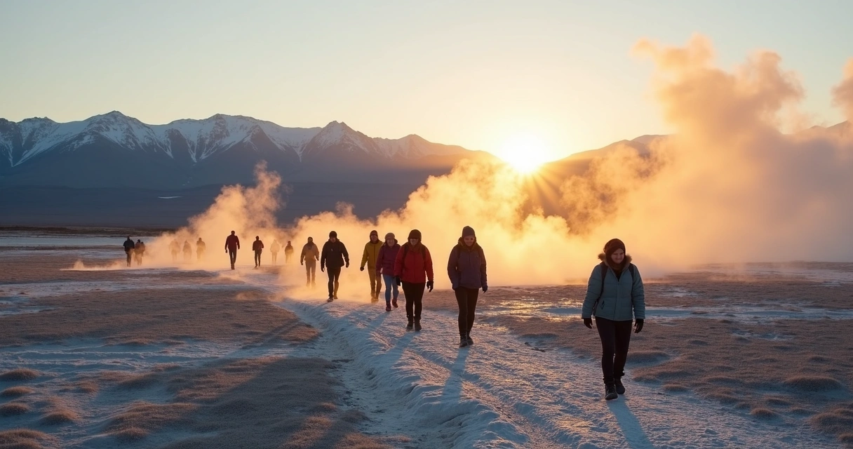 Geiser soltando vapor ao amanhecer nos Geisers del Tatio, Atacama