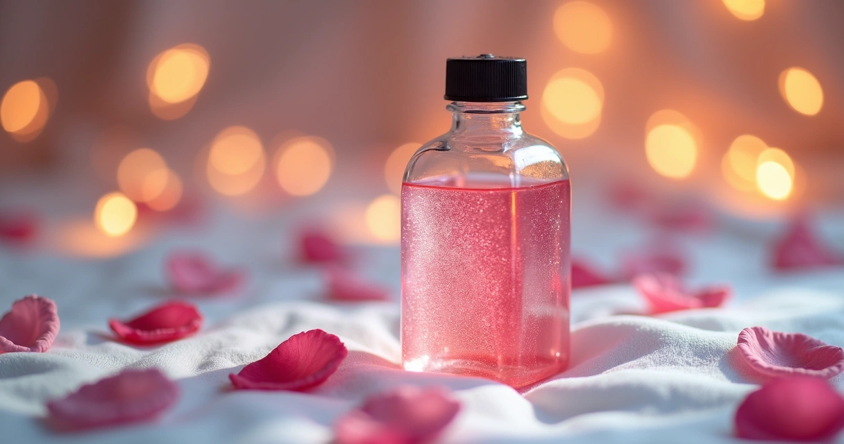 Frasco de gel comestível sobre lençol branco com pétalas de rosa 