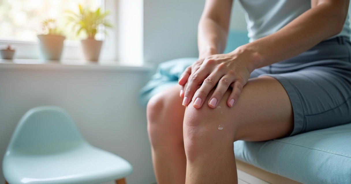 Aplicação de gel em joelho durante recuperação física 