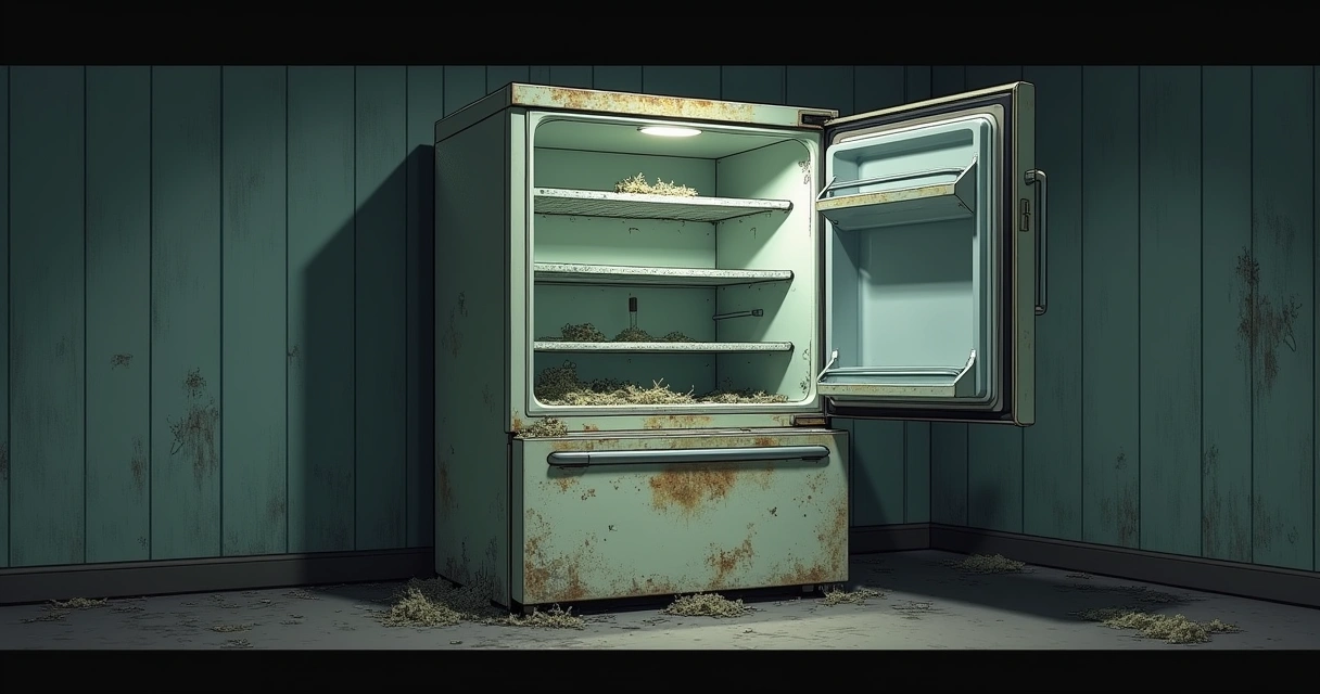 Geladeira antiga parada com sinais de ferrugem e fungos 