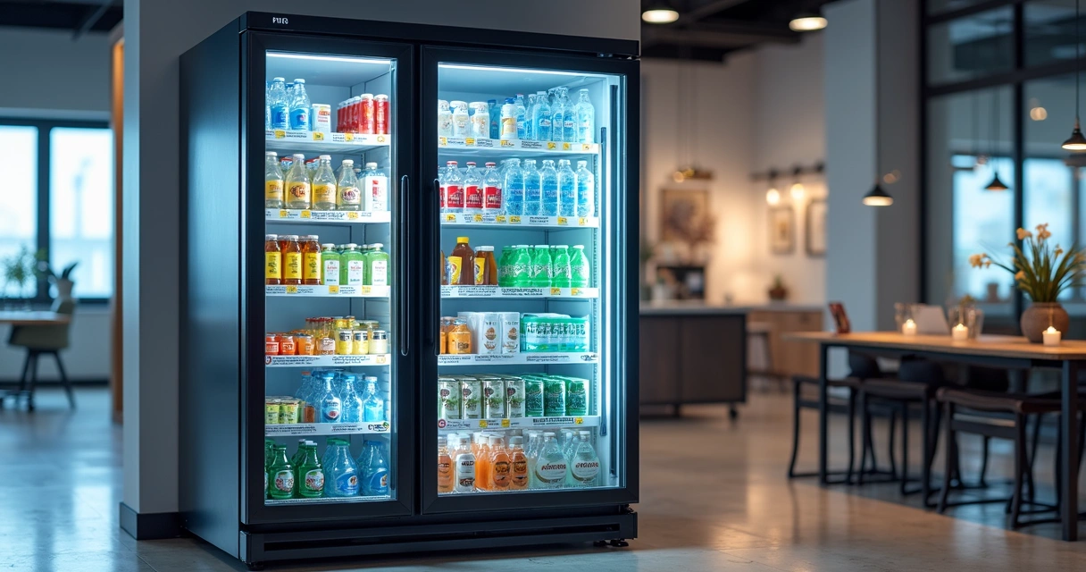 Geladeira organizada com bebidas em mini mercado corporativo 