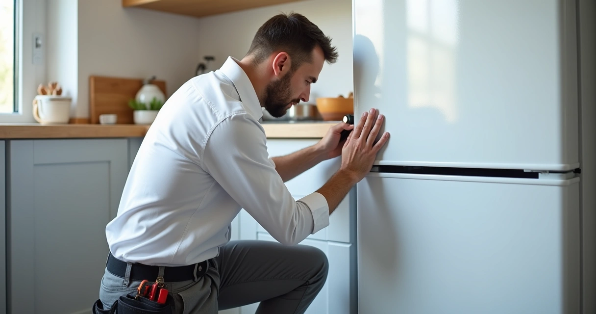 Técnico avaliando geladeira barulhenta em cozinha residencial moderna 