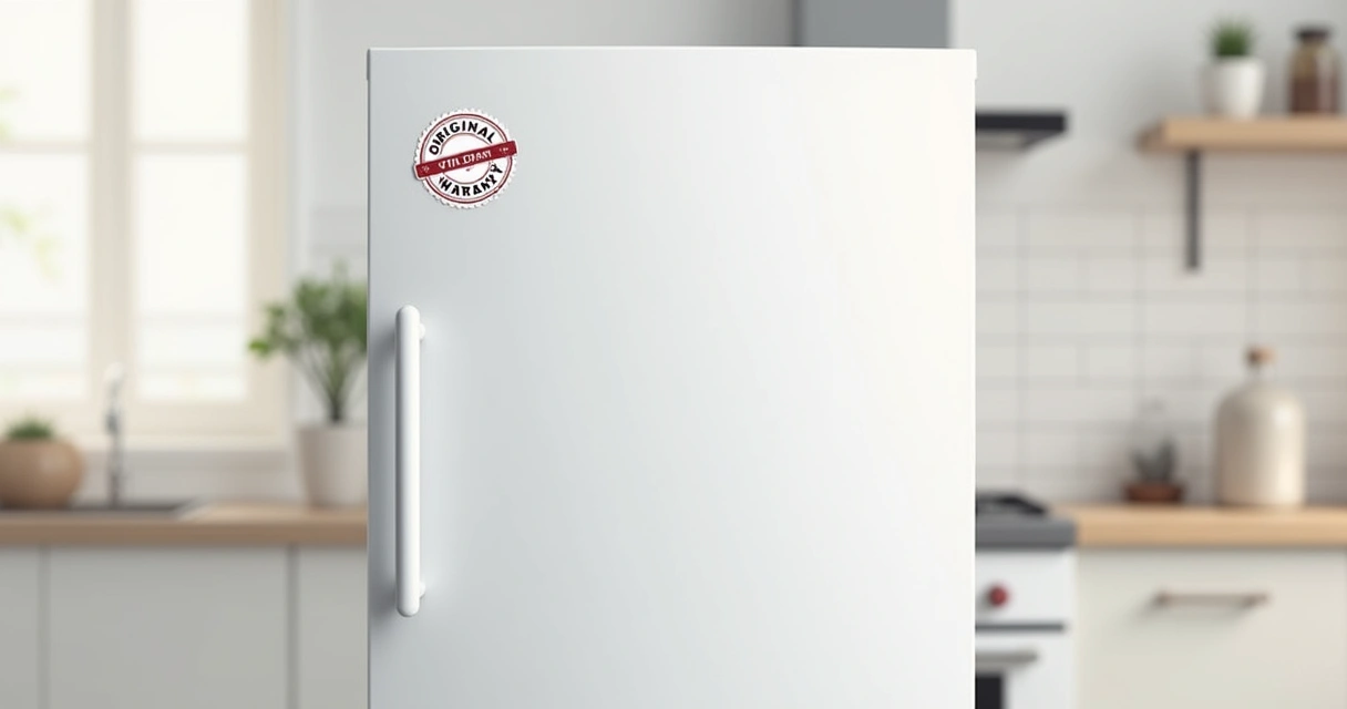 Geladeira branca com etiqueta de garantia colada no canto 