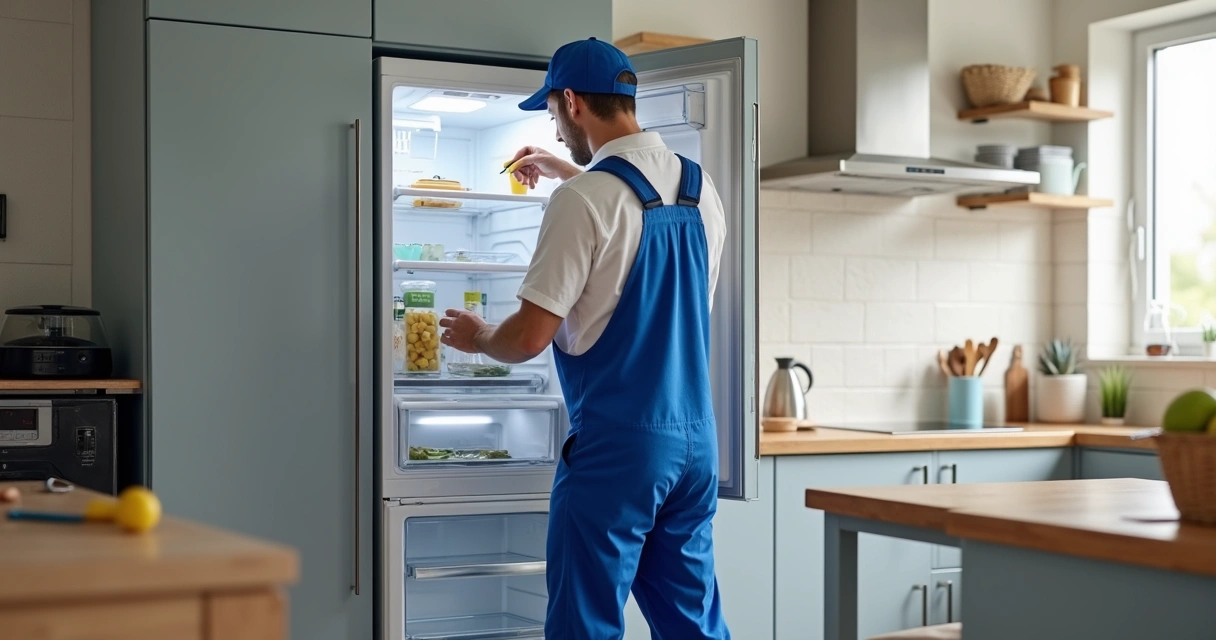 Técnico consertando uma geladeira aberta na cozinha de uma casa 