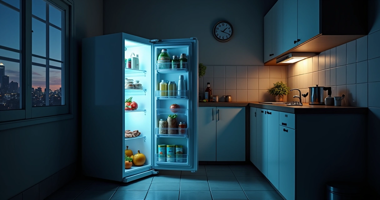 Geladeira aberta com alimentos e relógio marcando madrugada em cozinha no Rio de Janeiro 