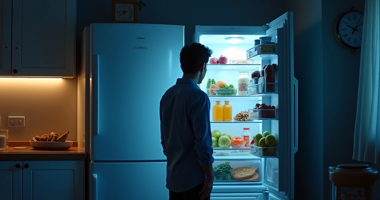 Pessoa olhando alimentos na geladeira à noite 