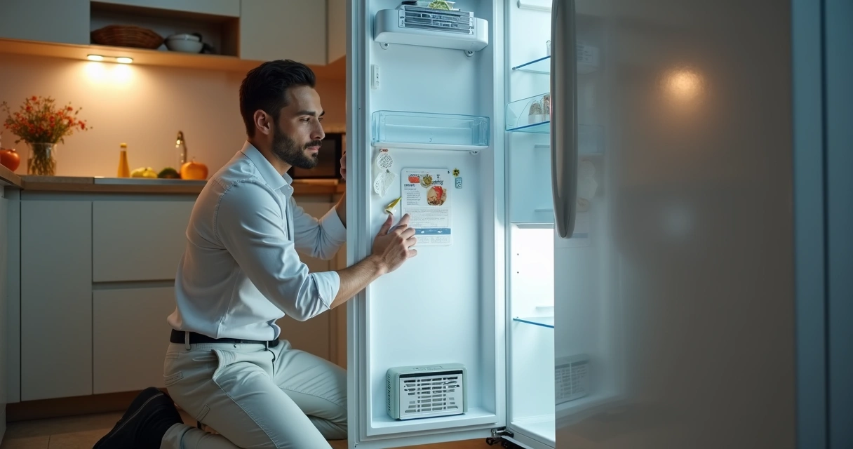 Técnico avaliando geladeira barulhenta em cozinha moderna 