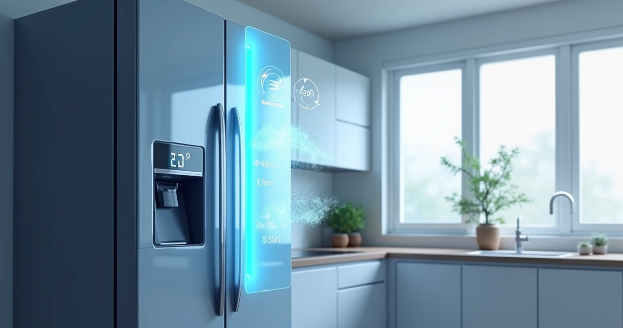 Geladeira futurista com painel inteligente 