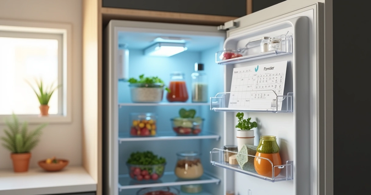 Geladeira organizada com lista de compras inteligente e indicativos de desperdício evitado 