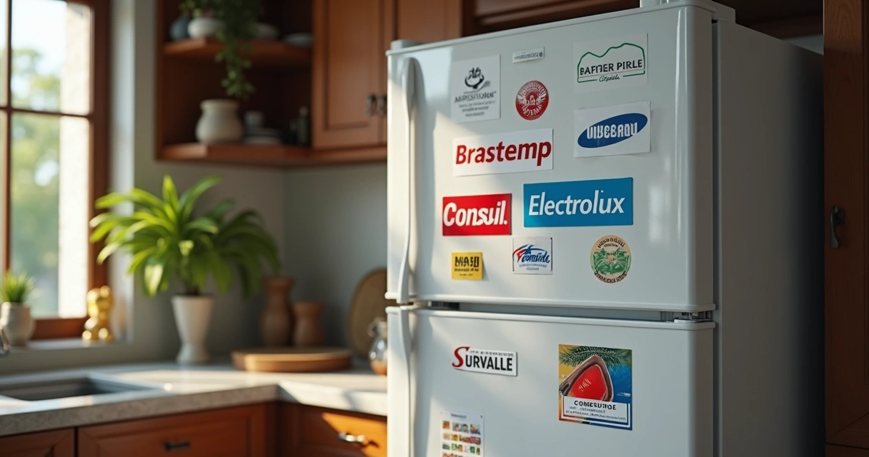 Geladeira moderna com adesivos de marcas famosas em ambiente residencial 