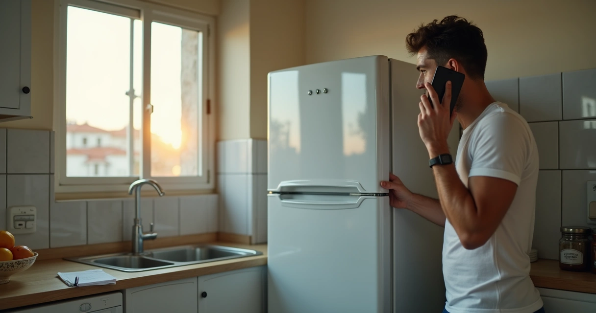 Geladeira branca aberta em cozinha simples com morador do Méier ligando para assistência técnica 