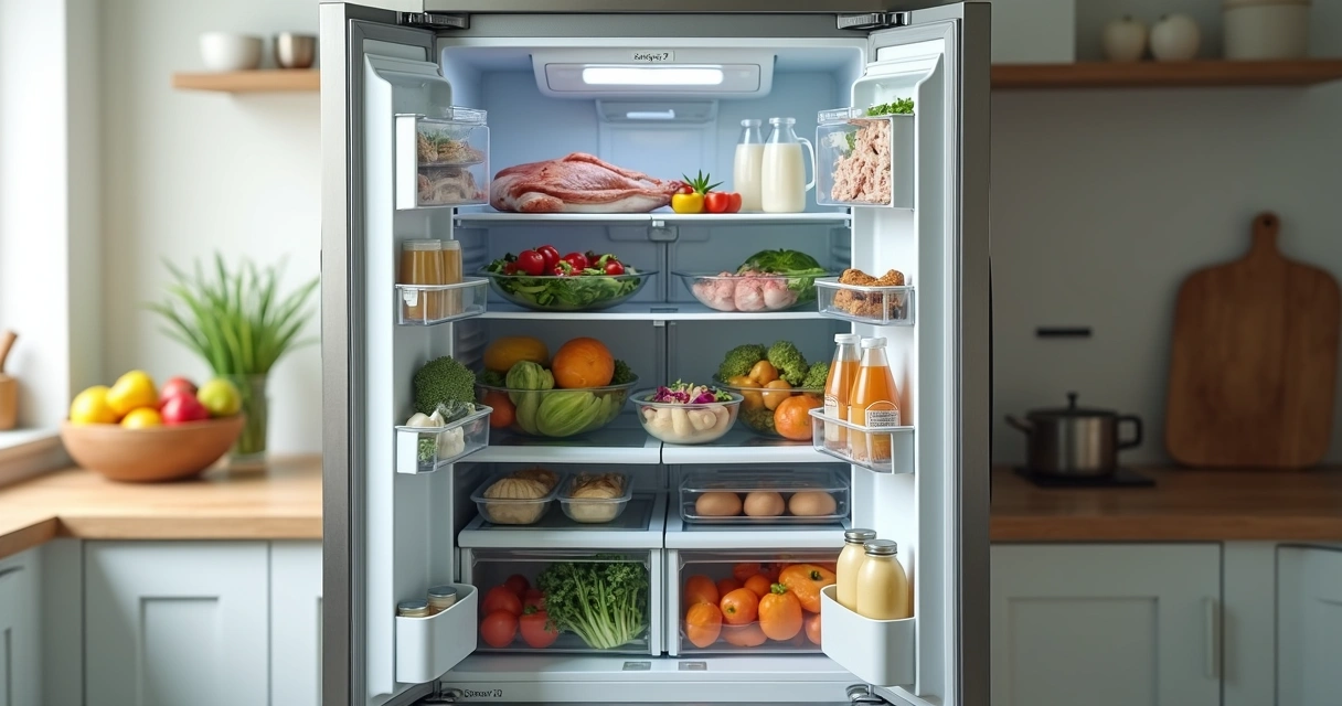 Geladeira aberta mostrando organização correta e incorreta dos alimentos lado a lado 