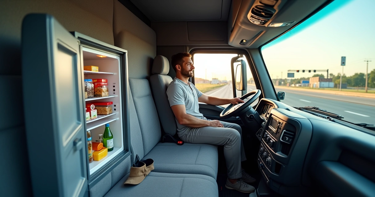 Motorista em cabine de caminhão usando geladeira compacta ao lado da cama 