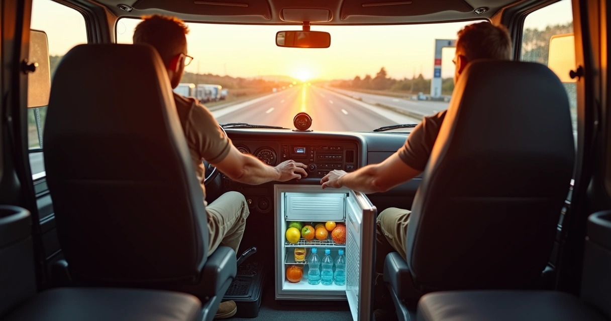 Geladeira 12V instalada em caminhão com motorista estacionado em posto de estrada 