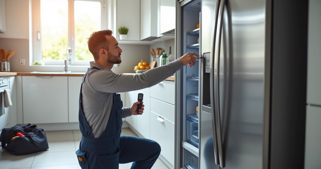 Técnico verificando sistema de refrigeração de geladeira em cozinha moderna 