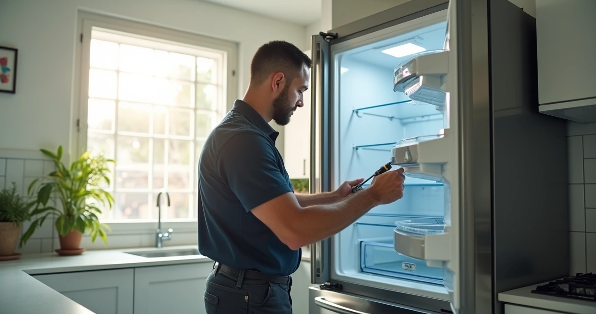Técnico ajustando geladeira moderna em cozinha ampla