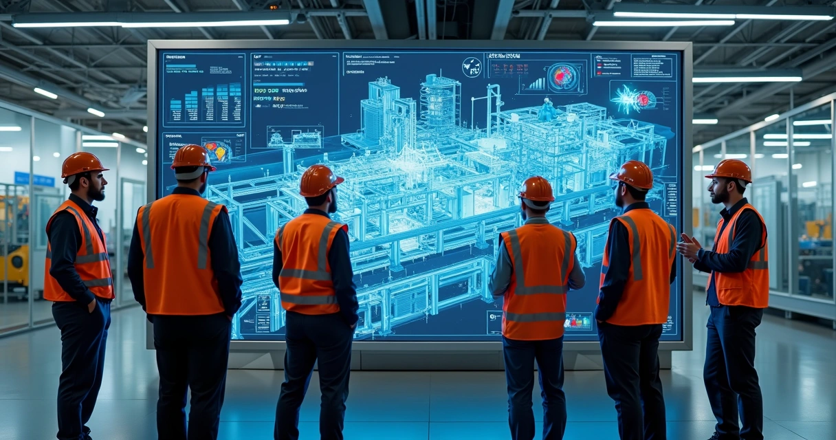 Equipe de engenharia acompanhando um painel virtual representando máquinas conectadas ao digital twin 