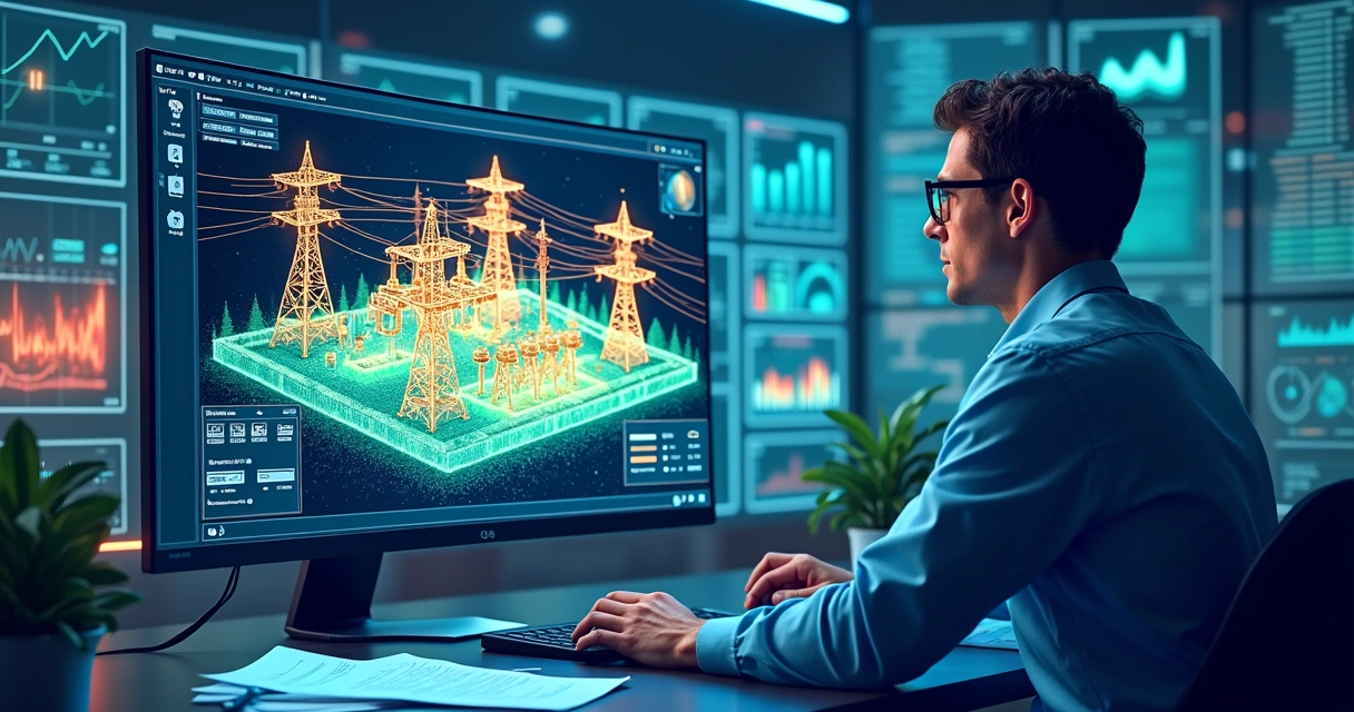 Tela de computador mostra modelo 3D colorido de rede elétrica digital, engenheiro observa e toma notas. 