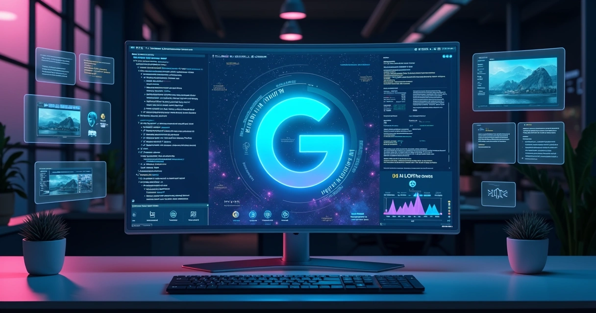 Interface futurista com ícone do Gemini 3 no centro e elementos de código e multimídia ao redor 