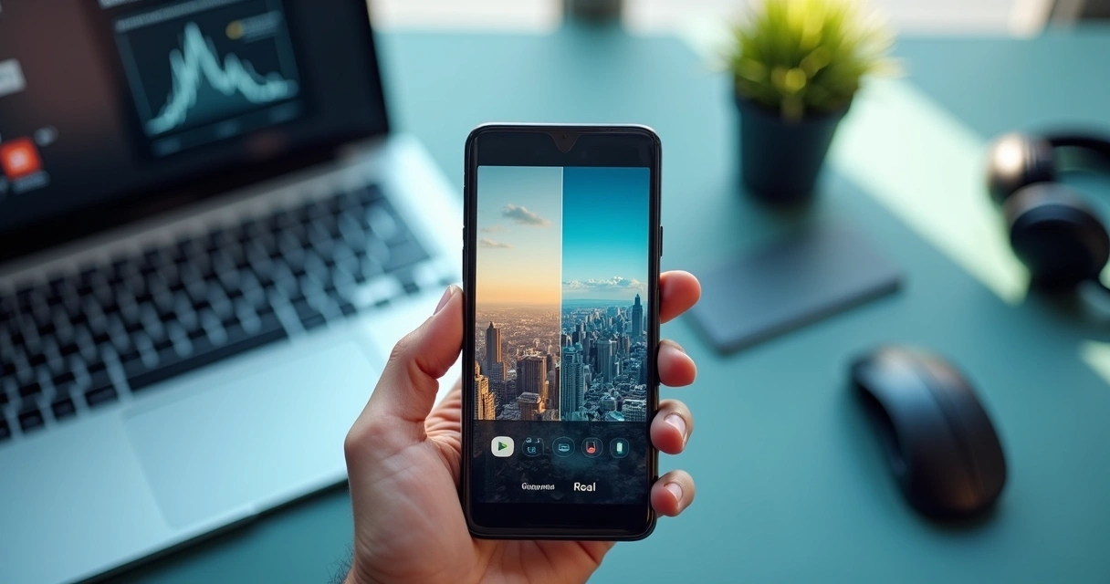 Mão segurando smartphone com foto sendo analisada por ferramenta de detecção de IA 