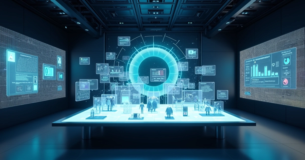 Interface holográfica de IA analisando uma vitrine virtual de e-commerce 