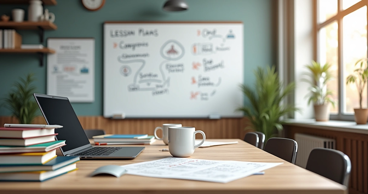 Quadro branco com planos de aula digitais, computador e livros. 