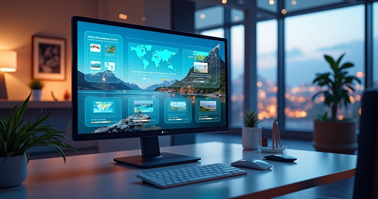 Interface interativa de recomendação de viagem com opções visuais geradas por IA 