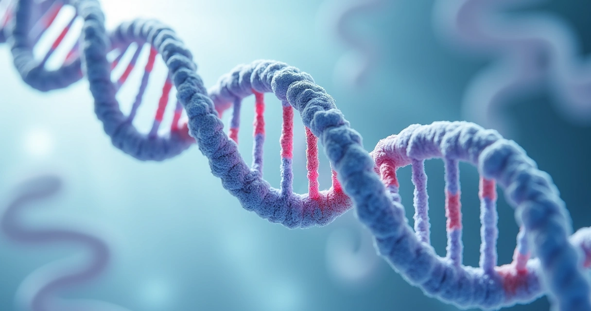 Ilustração dos genes HFE mostrando mutações C282Y, H63D, S65C e E168Q em destaque no DNA 