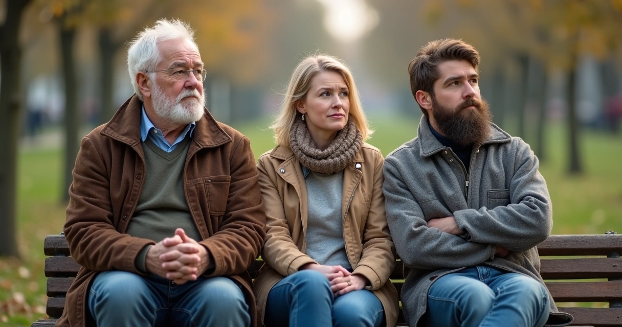 Tres personas de distintas edades sentadas juntas, reflejando diferentes emociones. 