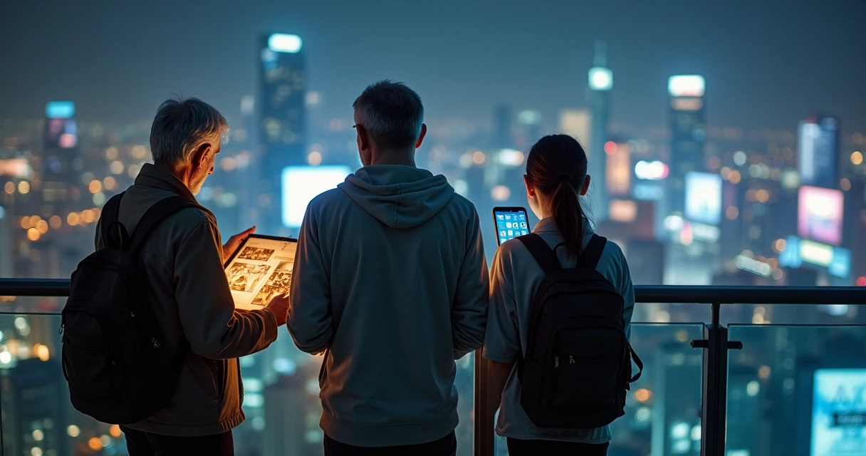 Tres generaciones conectadas a distintos dispositivos en un mirador nocturno sobre la ciudad 