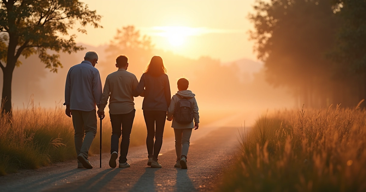 Tres generaciones caminando juntas por un sendero hacia la luz al amanecer 