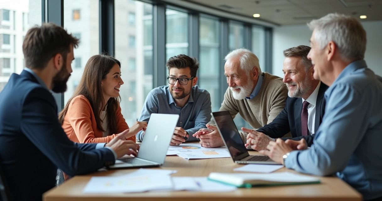 Equipo de trabajo de varias generaciones colaborando en oficina