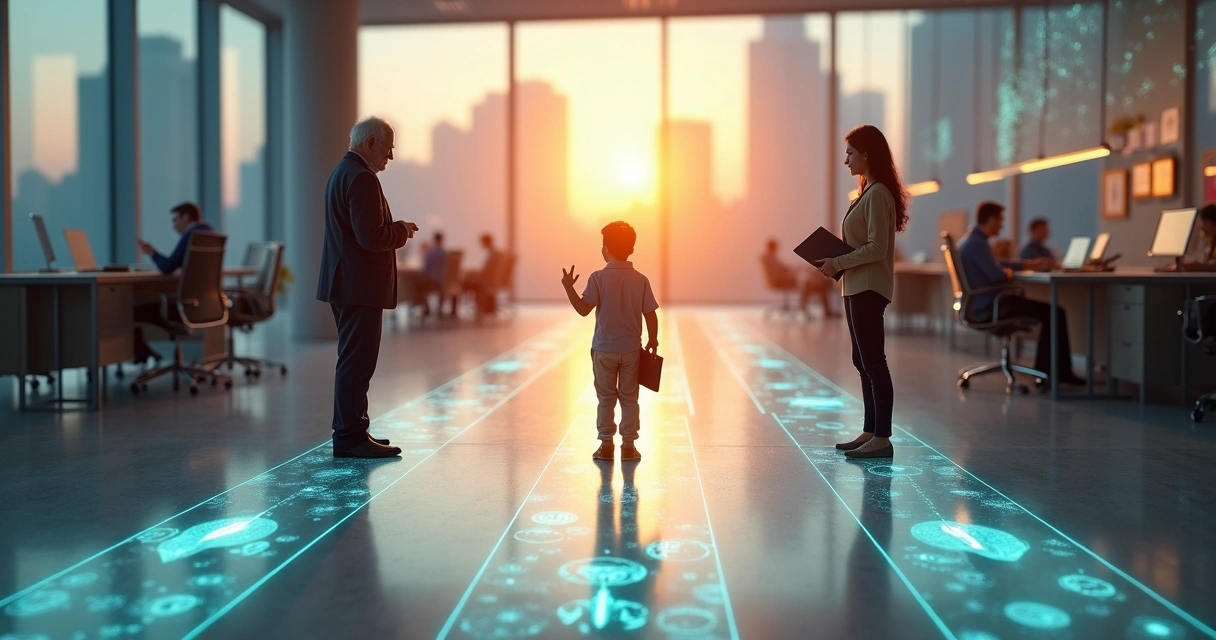 Three generations standing in an office crossroads with different career paths 