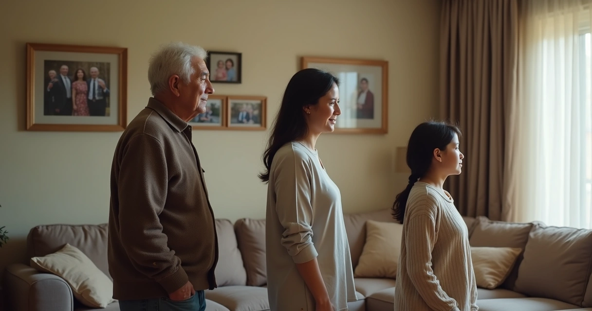 Three generations standing apart in a living room with subtle emotional tension