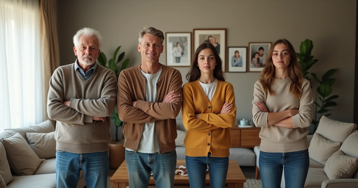 Three generations of a family standing together with repeated body language patterns 